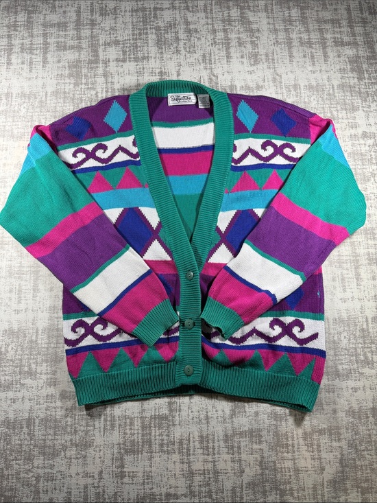 Signature Sweaters - Signature Vintage  Teal, Purple & Pink Geometric Button-Up Cardigan sz M 24X20.5